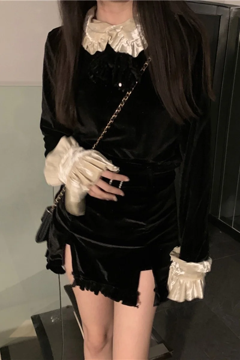 Черная кружевная юбка с кукольным воротником и разрезом | Женская одежда