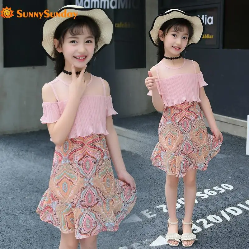 

New Cute 3-10 Years Summer Girls Chiffon Dress Princess Children's Cool Floral Mermaid Dresses Elegant Vestido For Wedding Party