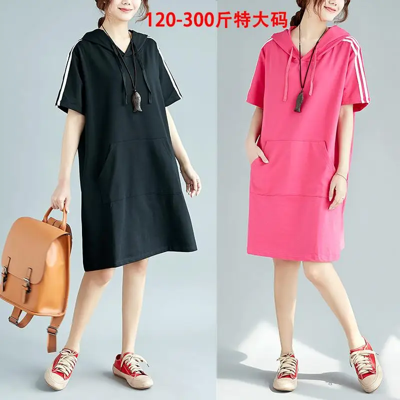 5XL Plus Size Female Dress Loose Woman Hooded Elegant Oversize Pocket Casual Summer Solid Lady Large | Женская одежда