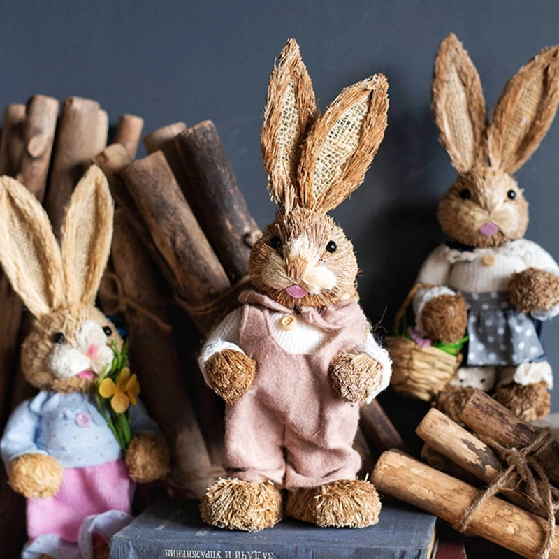 

Cute Straw Rabbit Bunny Easter Decorations Holiday Home Garden Wedding Ornament Photo Props Crafts