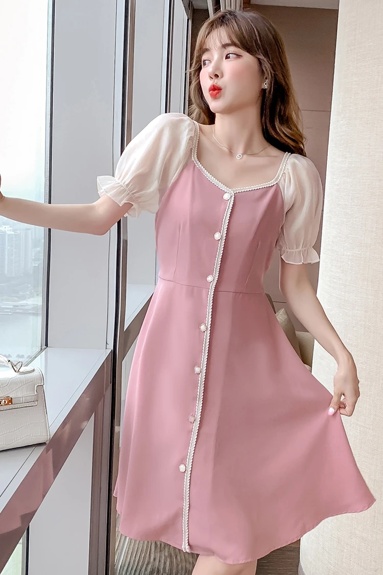

COIGARSAM Short Sleeve Women dress New Summer High Waist Dresses Pink 5179