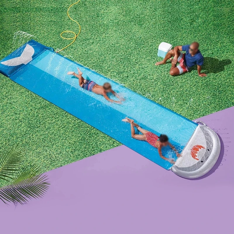 550CM Shark Double Lawn Water Slide 18FT Giant Dual Racing Backyard PVC Slide for Kids Summer Surfboard Splash Mat Funny Toys