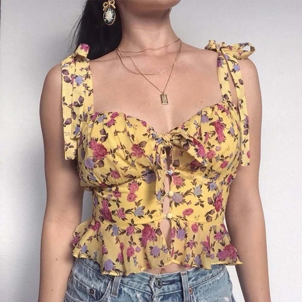 Женский шифоновый топ с рюшами и цветочным принтом летний на бретельках 2020|Майки|