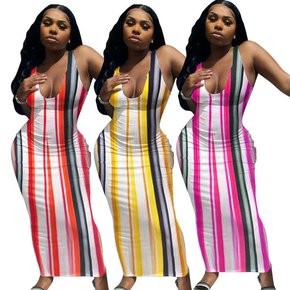 

Women Colorful Striped Sleeveless Bodycon Midi Maxi Dress Classic Basic Plunging V-neck Bandage Tank Long Dresses
