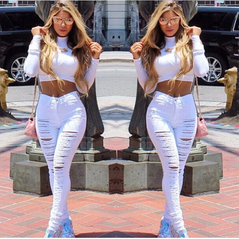 

GAOKE Fashion Streetwear Women Leggings Ladies Stretch Faded Ripped Slim Fit Skinny Denim Jeans Pants New