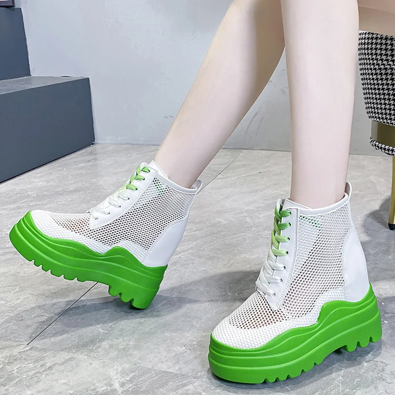 

Summer Women Mesh Breathable Boots 11 CM High Heels Thick Bottom Casual Sandals Cool Shoes Woman Ankle Sandals Boots Shoes Mujer