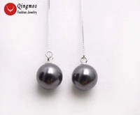 qingmos 10mm black round sea shell pearl earrings for women with genuine sterling silver s925 ear line 4 dangle earring e667