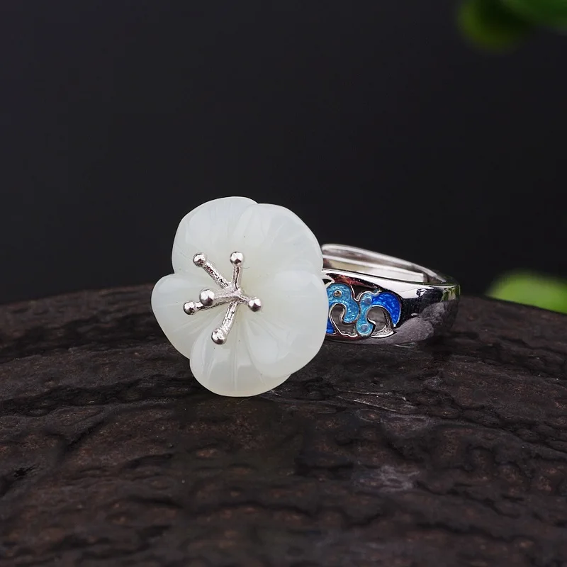 

Black Thai silver wholesale new s925 silver inlaid natural hetian jade white jade plum opening ring for women