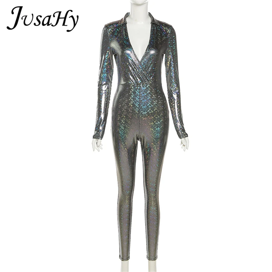 

JuSaHy Y2K Stunning Shiny Jumpsuit Women Sexy Mesh Slim Body-Shaping Party Style Midnight Long Sleeve V-Neck High Streetwear
