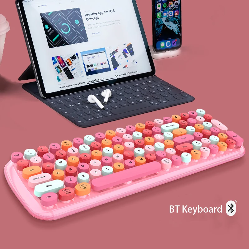 

Мини Bluetooth клавиатура для планшета мобильный телефон для офисной работы, в ретро-панк-колпачки BT5.1 розовый Беспроводной клавиатура для дево...
