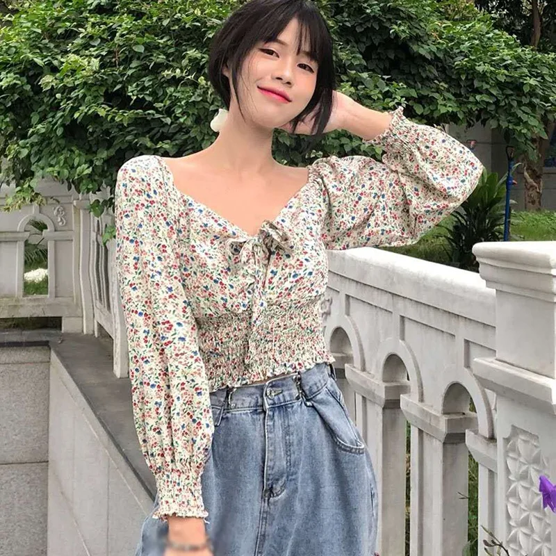 

Women's V Neck Floral Print Blouses Fashion Sexy Slim Exposed Navel Long Sleeve Chiffon Shirt Blouses