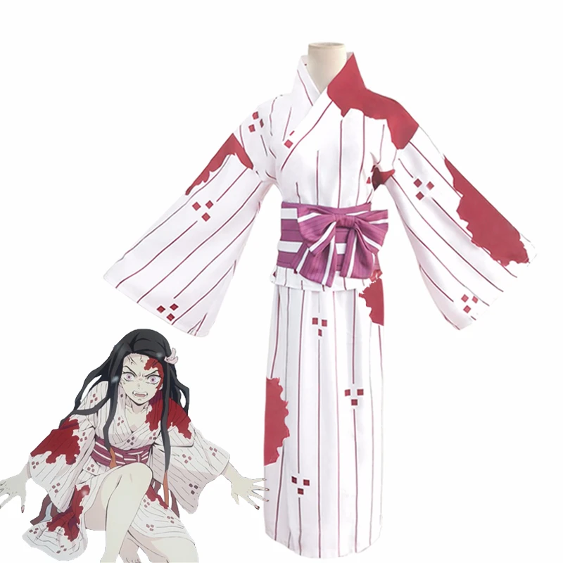 

Anime Demon Slayer Kimetsu no Yaiba Kamado Nezuko Cosplay Costume Halloween Horror Blood Splatter White Kimono Women Fancy Dress