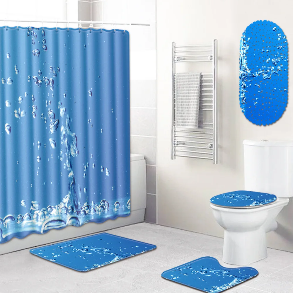 

Water Drop Bathroom Shower Curtain Bath Mat Toilet Cover Five-Piece Set bathroom mat set bathroom mats and rugs