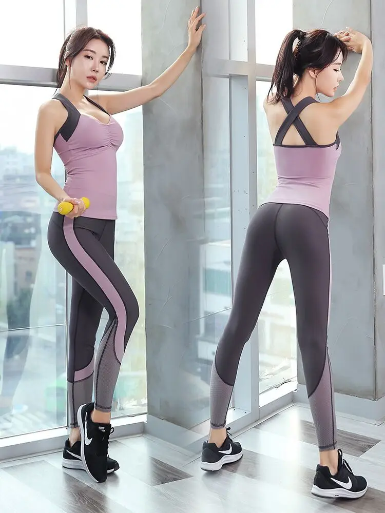 2PCS purple sport set women gym tank top running vest yoga leggings clothing fitness training exercise wear jogging quick drying |