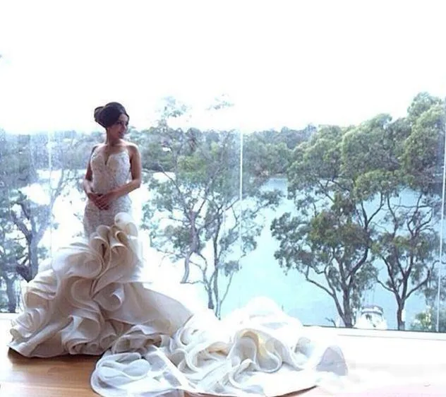 

Romantic Sexy Mermaid Wedding Dresses Lace Up Organza Chapel Train Lace Applique Bridal Gowns Custom Made Plus Size