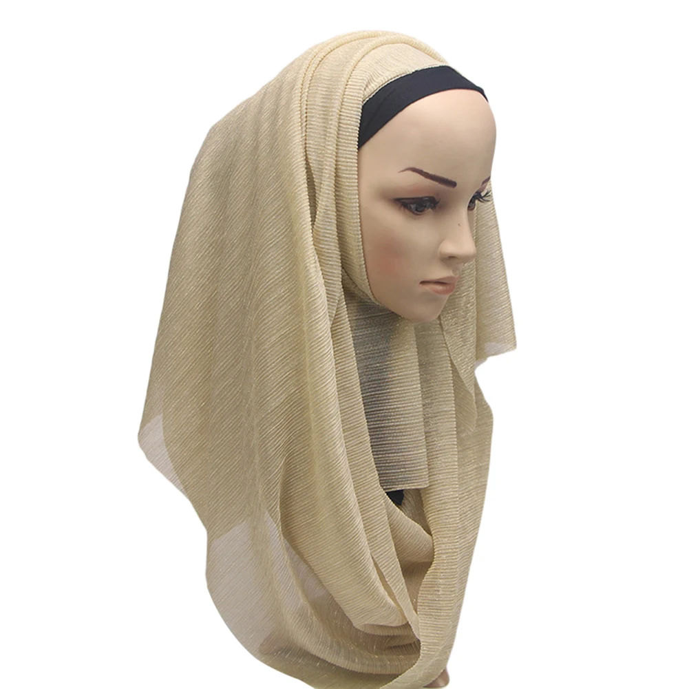 Модный женский мусульманский шарф с золотой нитью со складками хиджаб головной