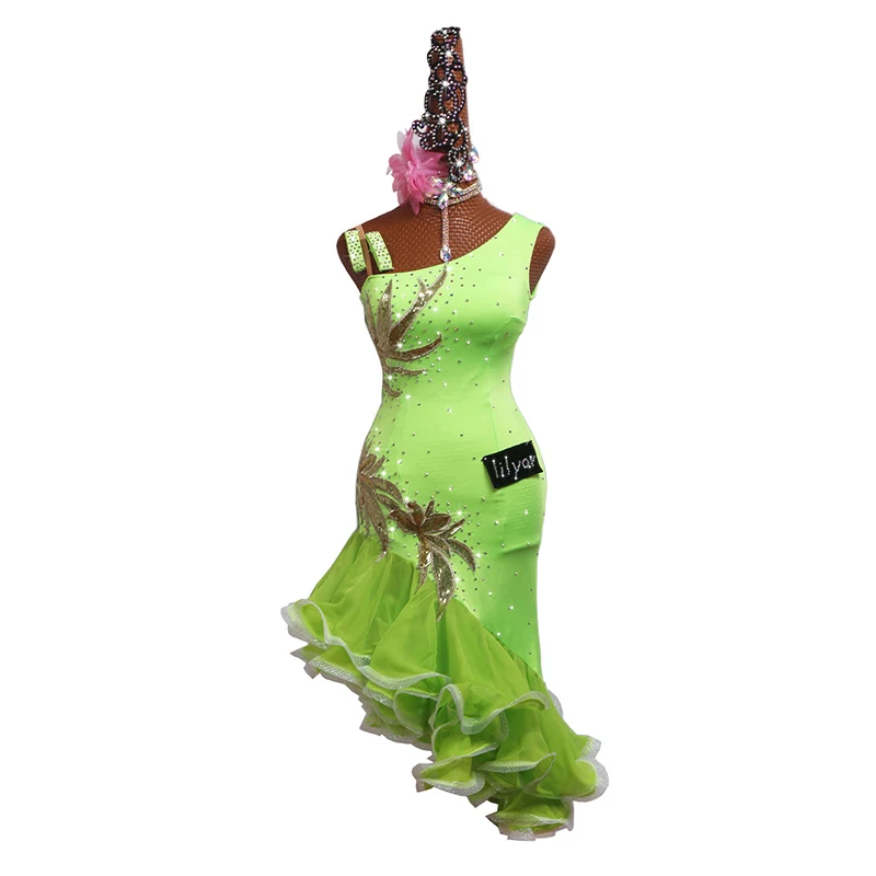Latin Dance Dress Latin Skirt Competition Dress Costumes Performing Dresses Sparkly Rhinestones Customize Fluorescent Green Slim