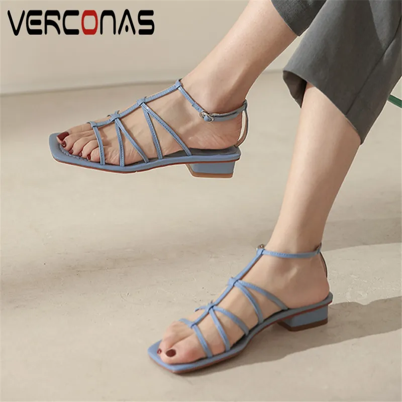 

VERCONAS 2021 Sweet Woman Sandals Basic Shoes Genuine Leather Woman Pumps Summer Ankle Strap Square Toe Square Heels Shoes Woman