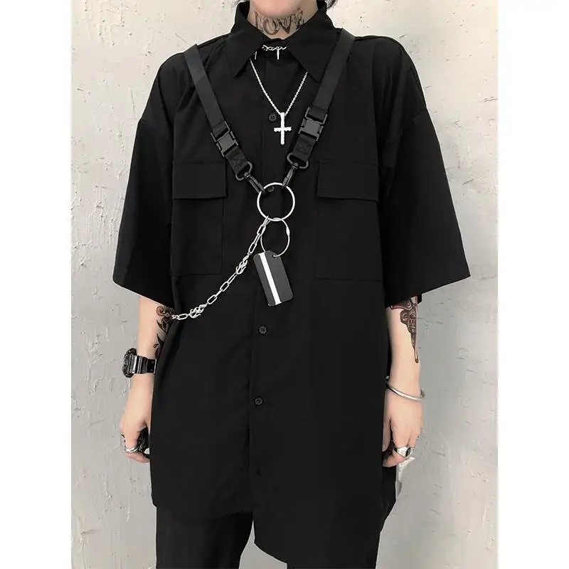 

HOUZHOU Techwear Goth Gothic Clothing Men's Shirt Short Sleeve Male Shirt Punk Rave Korean Streetwear Hip Hop Hippie Harajuku