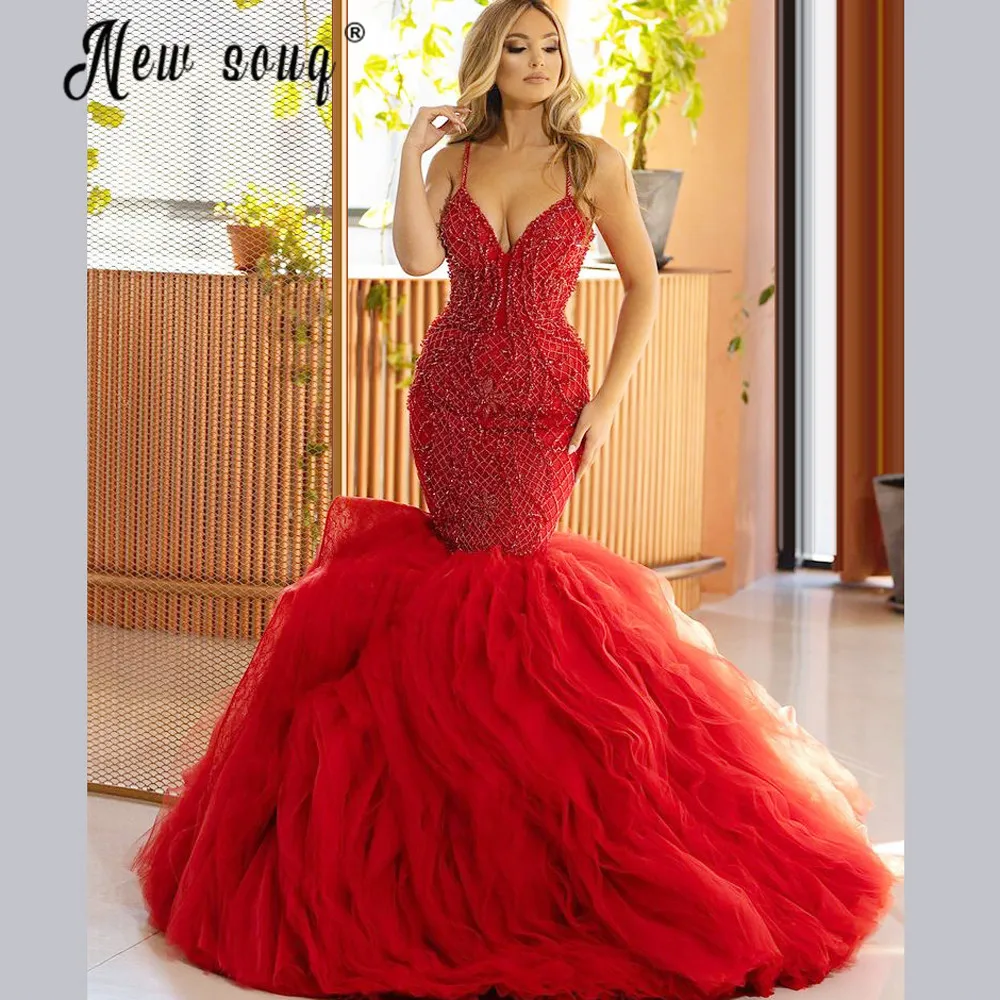 

Роскошное Свадебное платье с оборками и юбкой-годе, свадебное платье на бретелях Среднего Востока с бисером, свадебные платья 2021, красные св...