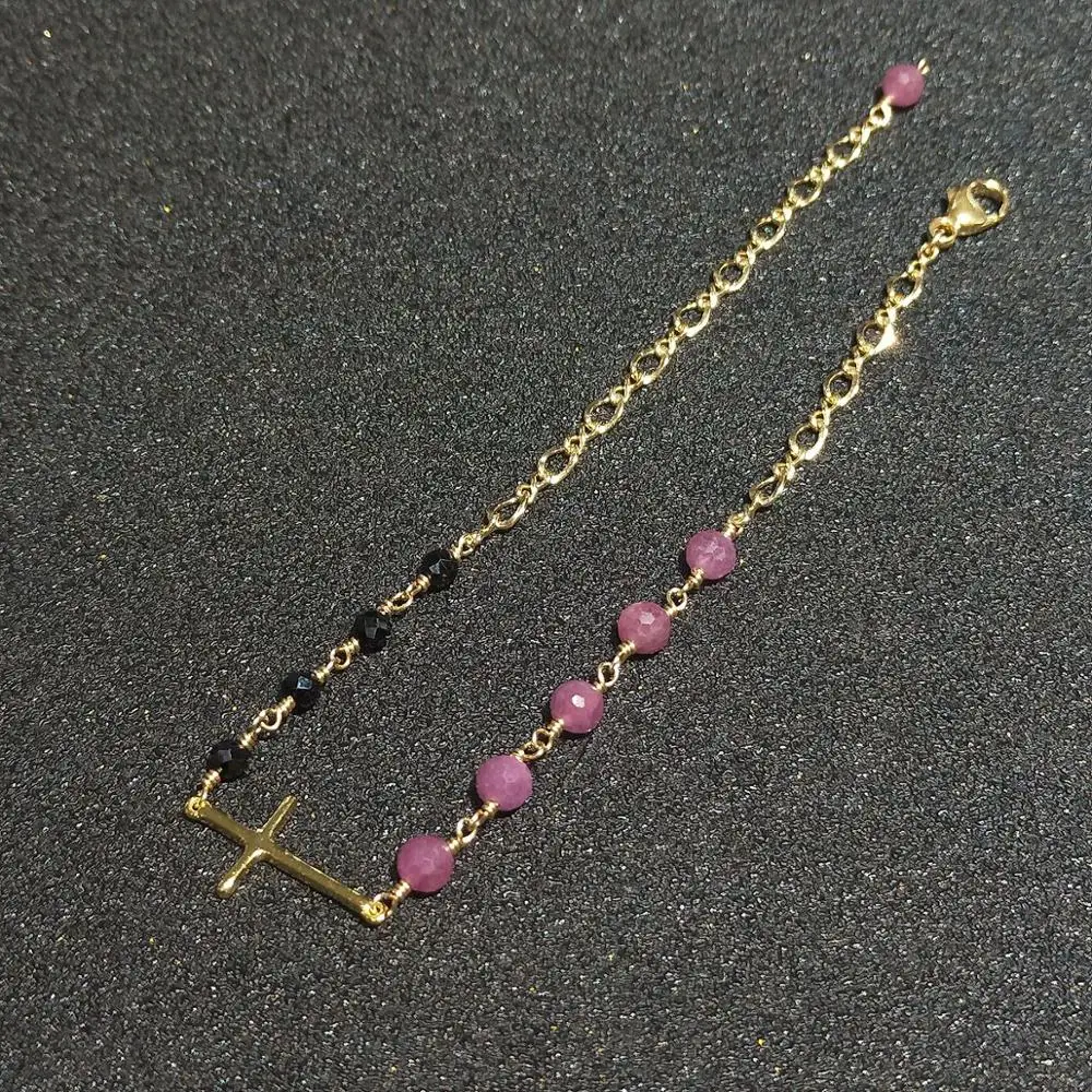 

Lii Ji Genuine Ruby Moonstone Labradorite Black Spinel Bracelet 925 Sterling Silver Cross US14K GF Chain Bracelet