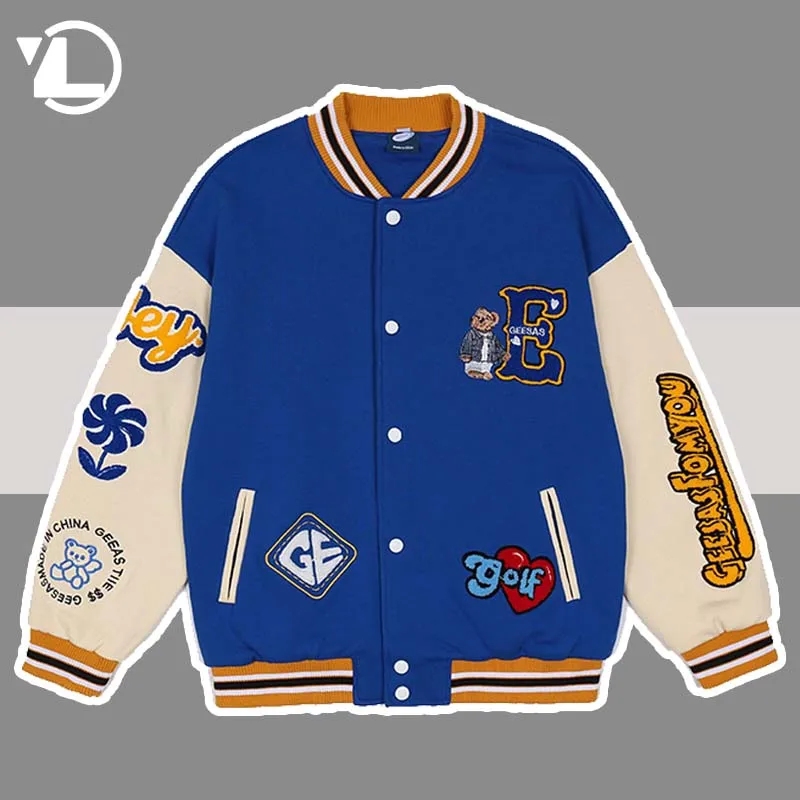 

Baseball Jacket Men Furry Bear Letter Embroidery Patchwork Coat Women Hip Hop Streetwear College Varsity Bomber Jackets Autumn