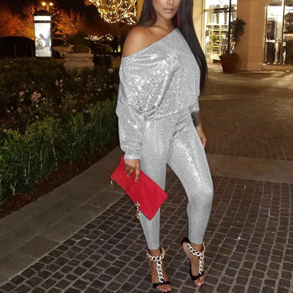 Один комплект Женская Блестящая рубашка с открытыми плечами и длинными рукавами