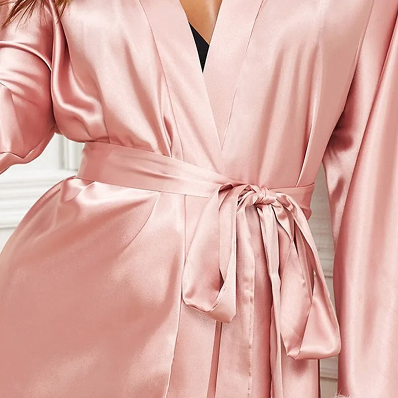 

Women's Sexy Robe Pajamas Summer Satin Lace Women Sleepwear Casual Loose Female Bath Gown with Belt Night Dresses for Femme