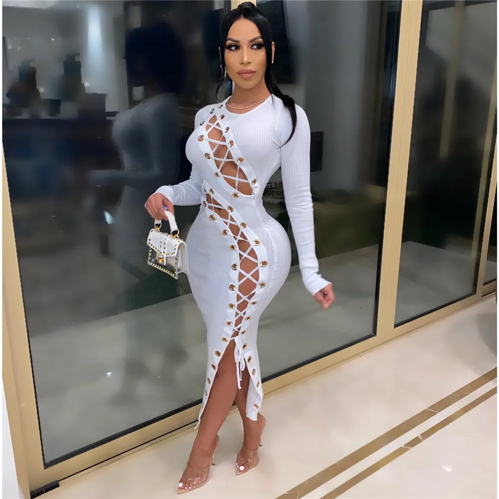

Wjustforu Bandage Hollow Out Women Bodycon Sexy Midi Maxi Long Sleeve Dress Streetwear Club Party Ribbed Long Dresses Clothing