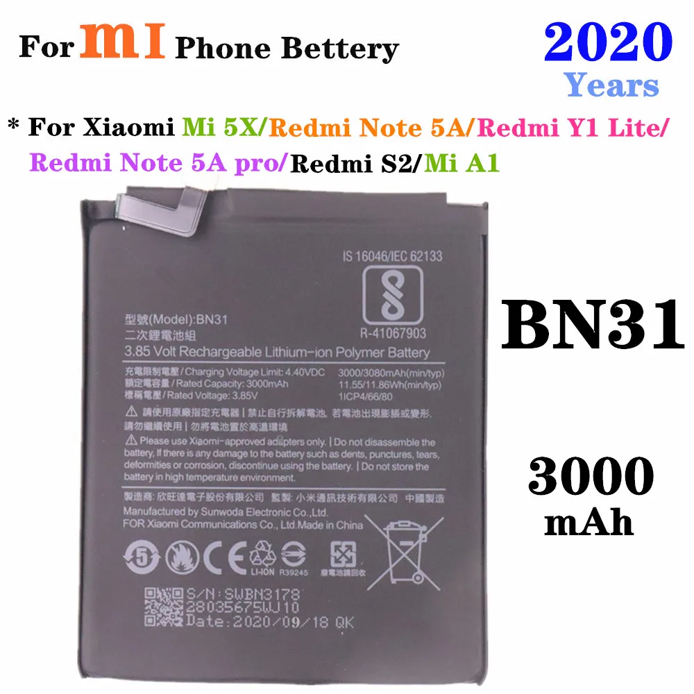 3000mAh BN31 Battery For Xiaomi Mi 5X Redmi Note 5A / 5A pro Mi A1 Redmi Y1 Lite Redmi S2 Phonen Replacement Battery