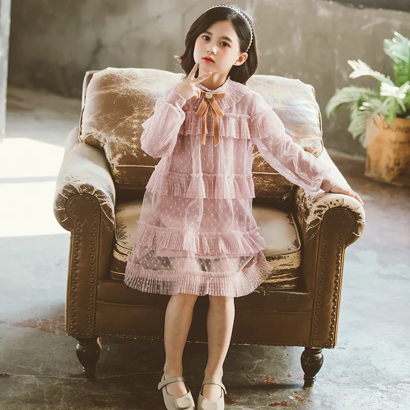 Модное весеннее платье принцессы 2020 детская кружевная одежда с длинным рукавом