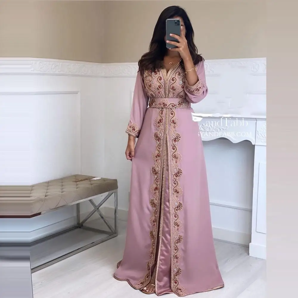 

Dust Pink Moroccan Kaftan Evening Dresses Beading Crystal Muslim Dubai Arabic Caftan Dress robe marocaine mariage Party Gowns