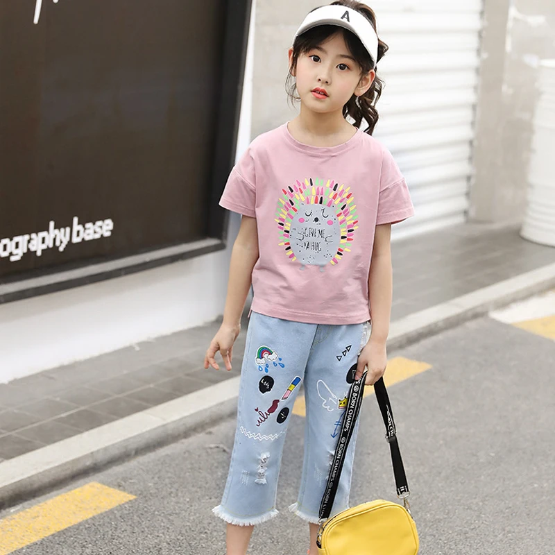

4-10 boy girl clothes summer two-piece fashion print short-sleeved sweatshirt T-shirt + Half-length pants quality child clothing