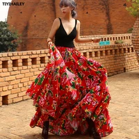 tiyihailey free shipping 2021 new fashion long maxi a line elastic waist women cotton black skirts flower print skirts big hem