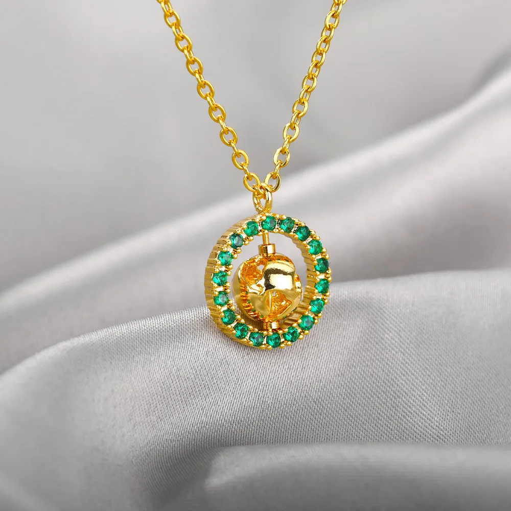

Vintage Globe Necklace For Women Stainless Steel Green Zircon Rotatable Round Globe Pendant Necklace Jewelry Gift Bijoux Femme