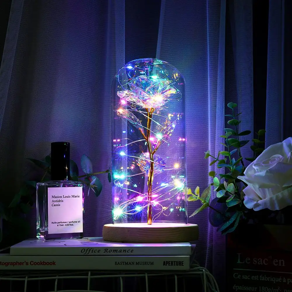 

Enchanted Forever Colorful Rose Flower In Glass LED Night Light Valentine's Day Gifts Home Desktop Decoration