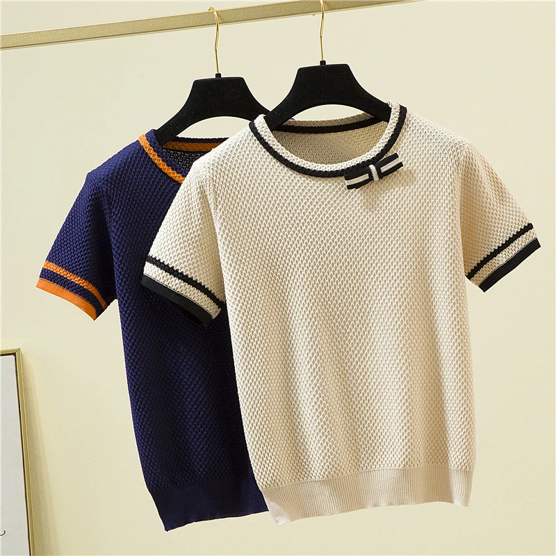 

LJSXLS Fashion Bow Short Sleeve Top Women Summer Knitted Thin Sweater Solid Loose Pullovers Sweaters Women's Elasticity Clothes