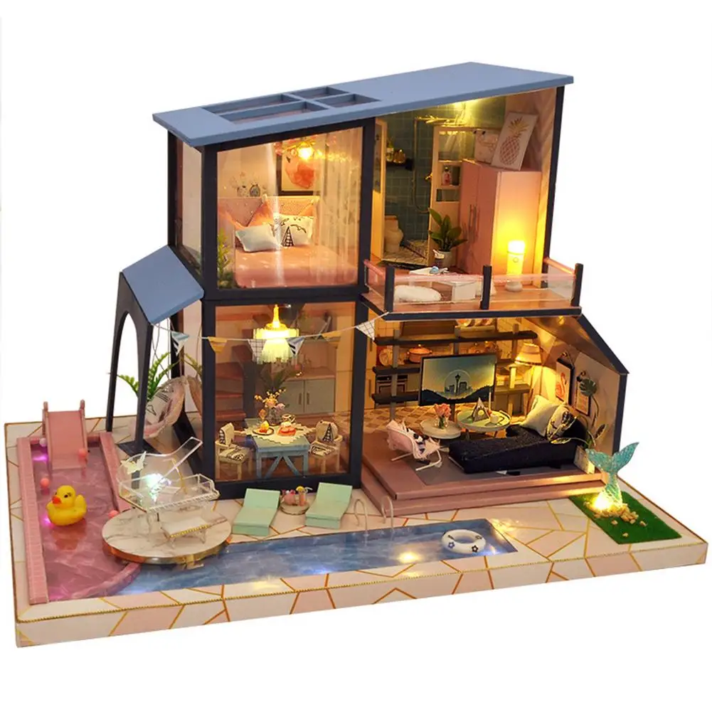 Miniature Dollhouse DIY Cottage With Dust Cover Assembled Mermaid Legend Architectural Model Christmas Valentine's Day Gift