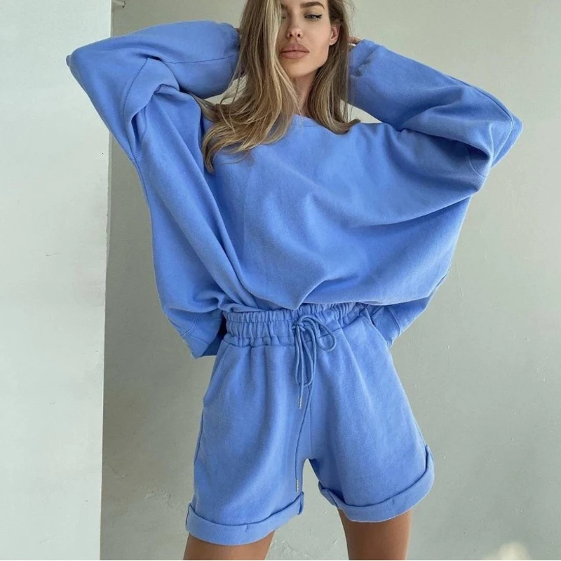 

2021 Autumn 5Colors Long Sleeve Hoody For Woman Streetwear Sweatshirts Suit 2pieces Round Neck Shorts Girls