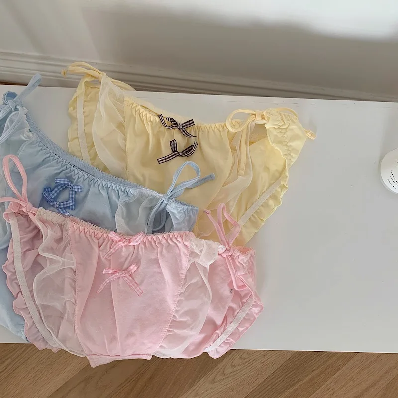 

Japanese Gentle Cute Girl Underwear Solid Color Cute Chiffon Ruffled Tied Bow Low Waist Briefs Underwear