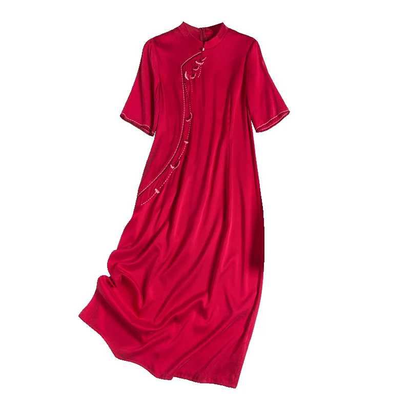 

2021 Summer New High-End Custom Embroidery Heavy Silk Stand-Up Collar Chinese Women's Short-Sleeved Dress