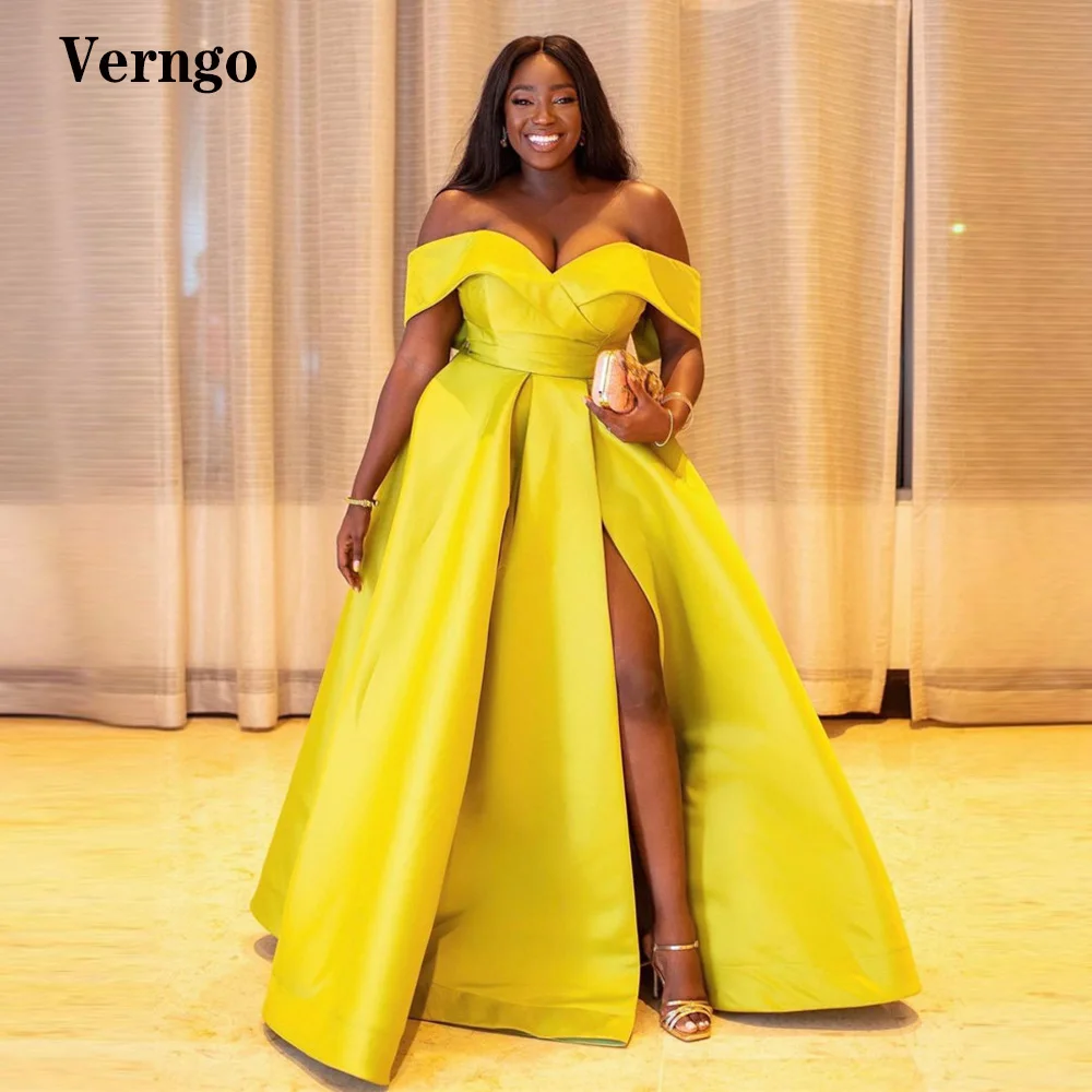 Verngo Lemo Yellow Satin Long Evening Dresses Off Shoulder Side Slit Simple Prom Gowns Plus Size African Women Formal Dress