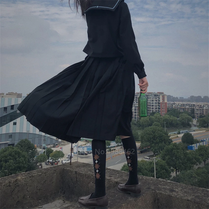 

Girls Skirts Elastic Waist Japanese Student School Uniform Solid Color Pleated JK Suit Cosplay Black Grey Navy Bottoms for Women