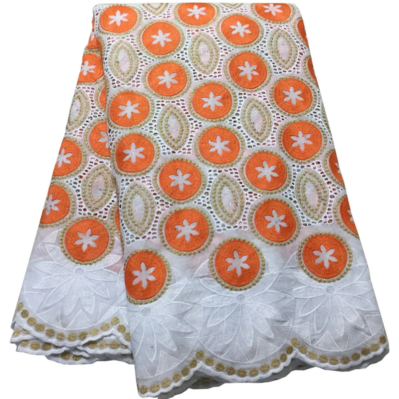 

(5 ярдов/шт.) новейшая Африканская Хлопковая кружевная ткань, элегантная вышитая швейцарская вуаль, кружево белого и оранжевого цвета для ве...