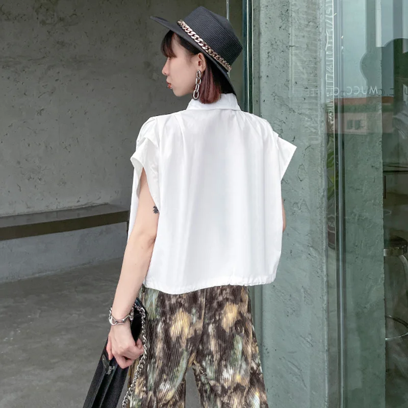 

Women White Pocket Drawstring Big Size Short Blouse New Lapel Short Sleeve Loose Shirt Fashion Spring Summer 2021 E936