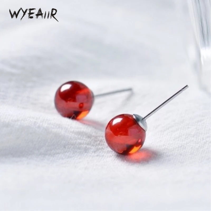 

WYEAIIR Pomegranate Red Ball Transparent Shiny Sweet Cute Simple Beautiful 925 Sterling Silver Female Stud Earrings
