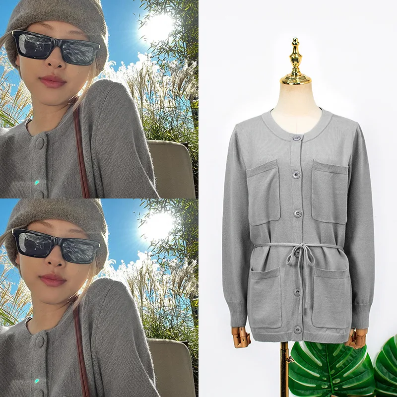 

Kpop Korea Celebrity Fashion Large Pockets Oversized Cardigan Warm Sweaters Women Long Sleeved O-neck Vintage Knitwear Tops Coat
