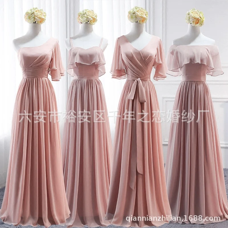 

Dusty Rose Pink Bridesmaid Dress V-Neck A-Line Ruffles Sleeve Long Chiffon Wedding Party Evening Prom Gowns Spaghetti Straps New
