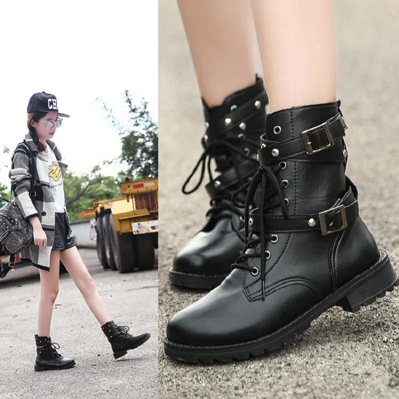 

Women High Boots Fashion Gothic Shoes Lovers Ankle Boots Female Genuine Leather Military Boots Buckle Women Boots Plus Size 43