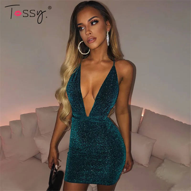 Женское блестящее мини-платье с открытой спиной на тонких бретельках | Женская